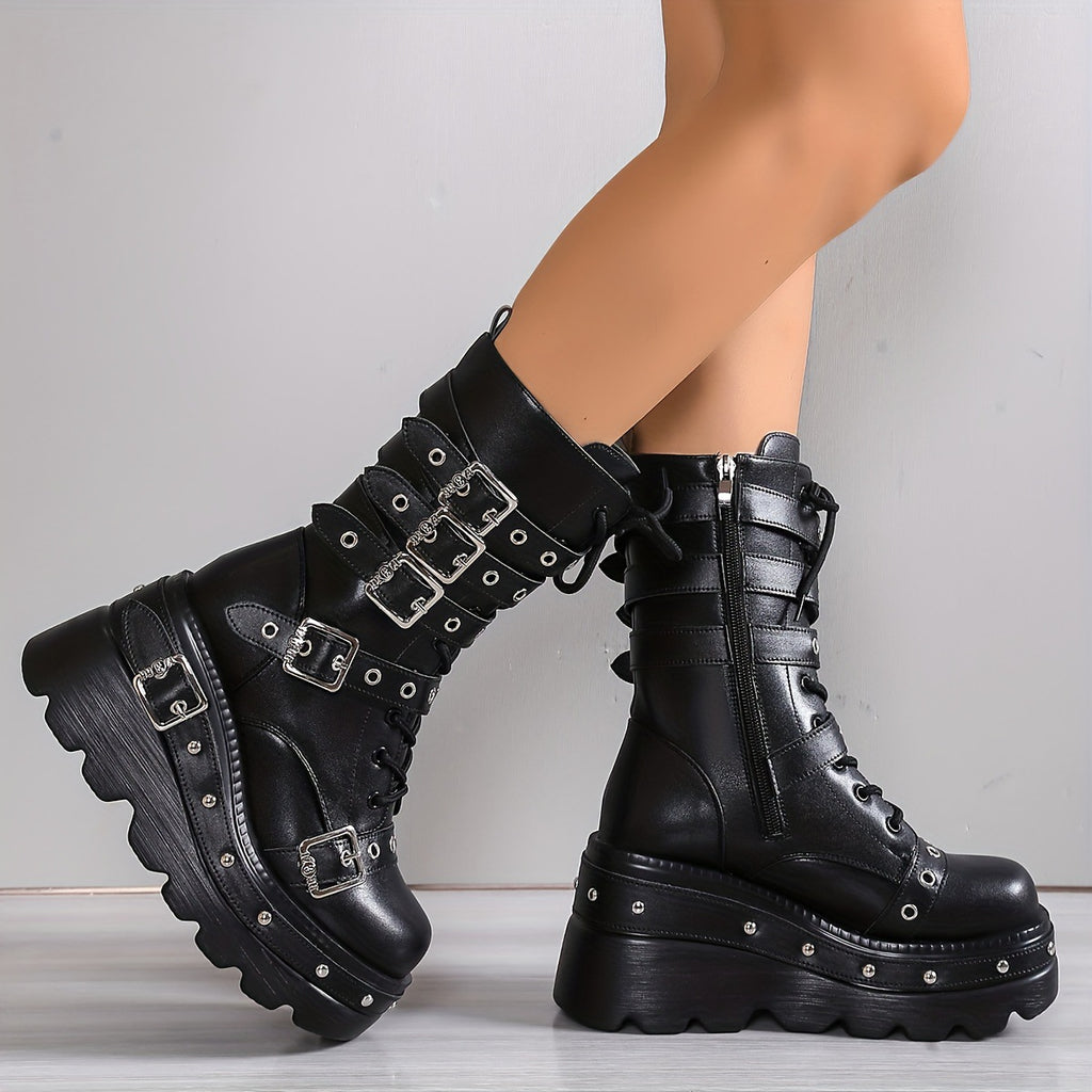 Kniehohe Damenstiefel mit stabilem Blockabsatz, punk-inspiriert und mu
