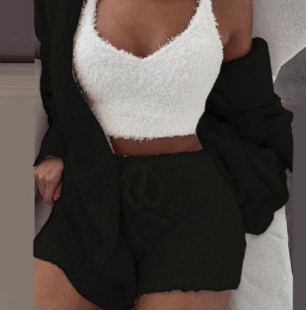 3er-Set Damen-Pyjama mit Langarm-Crop-Top und Bindebund-Shorts