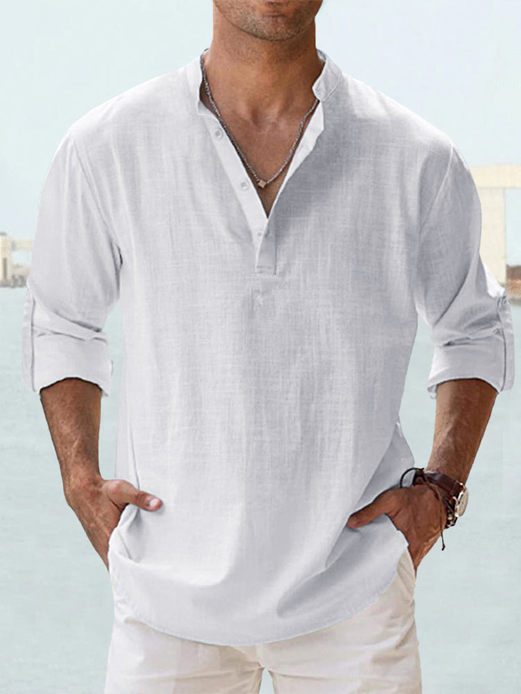 Männer-Linen-Long-Sleeve-Top mit Stand-Up-Hals – Bild 9 | LuxeStyle