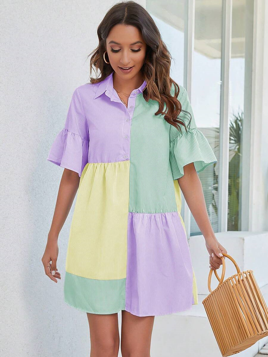 Gestreiftes Midi-Hemdkleid mit Kontrastfarben – Bild 4 | LuxeStyle