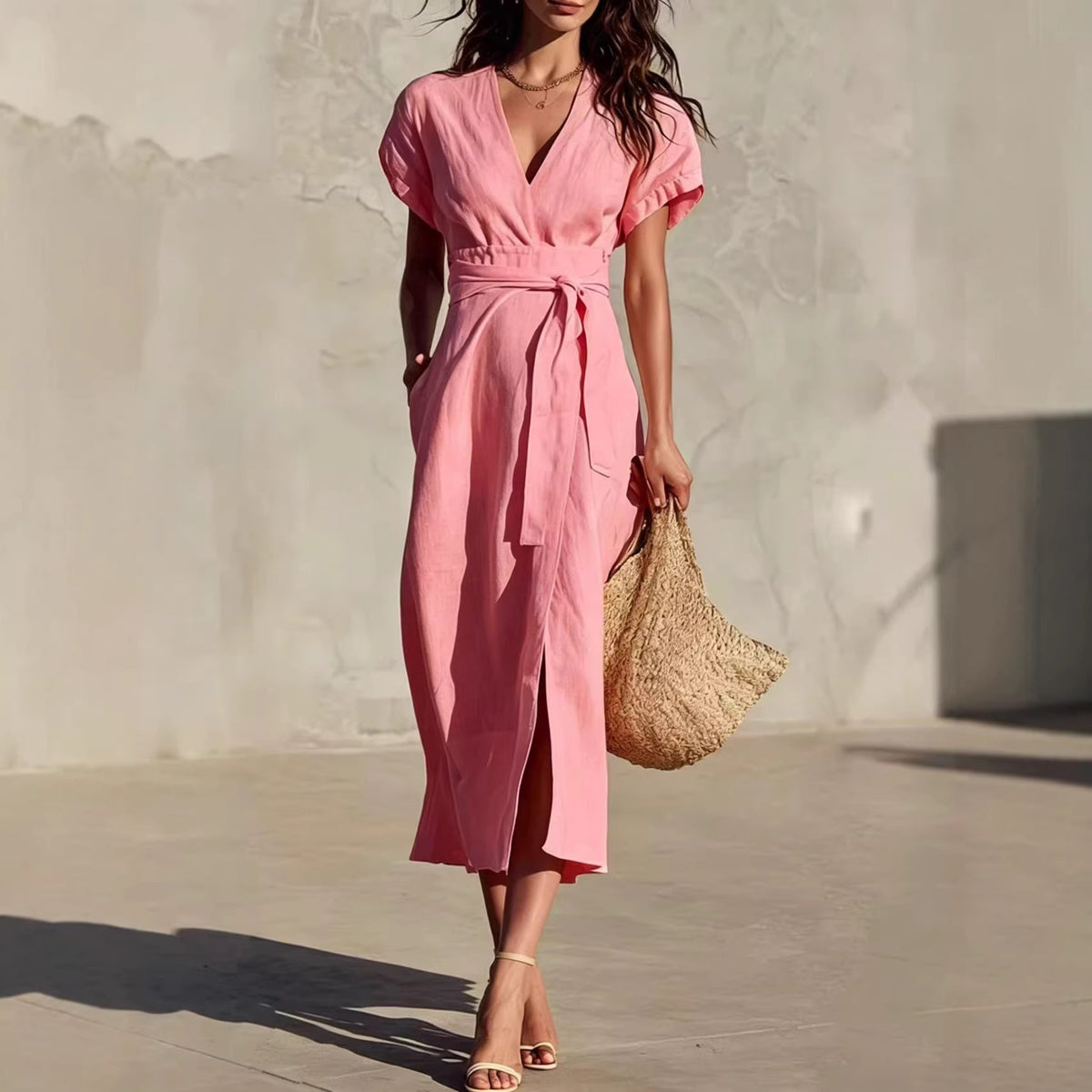 Midi-Kleid mit V-Ausschnitt & Taschen – Bild 9 | LuxeStyle