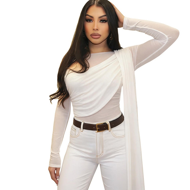 Off-Shoulder Mesh Langarmshirt