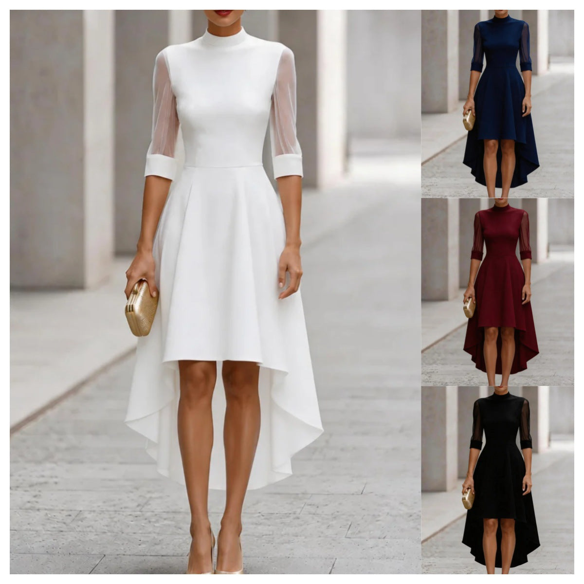 Midi-Kleid mit 3/4-Ärmeln und Mesh