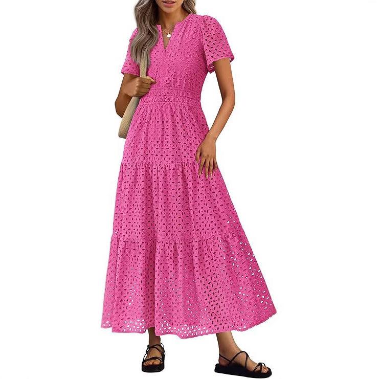 Kurzes V-Neck Kleid mit Lochstickerei – Bild 17 | LuxeStyle