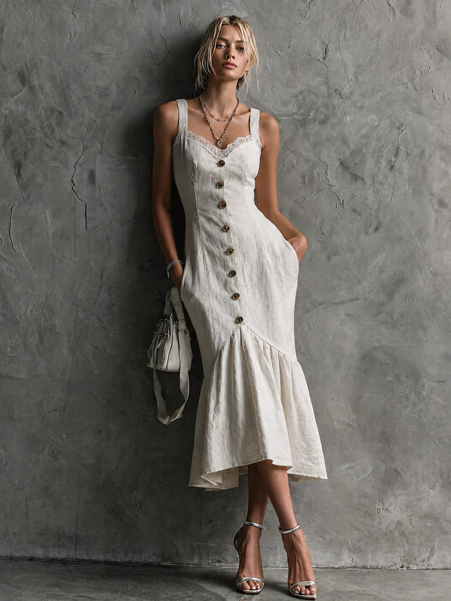 Langes Fishtail-Kleid mit Spitze und Knopfleiste – Bild 10 | LuxeStyle