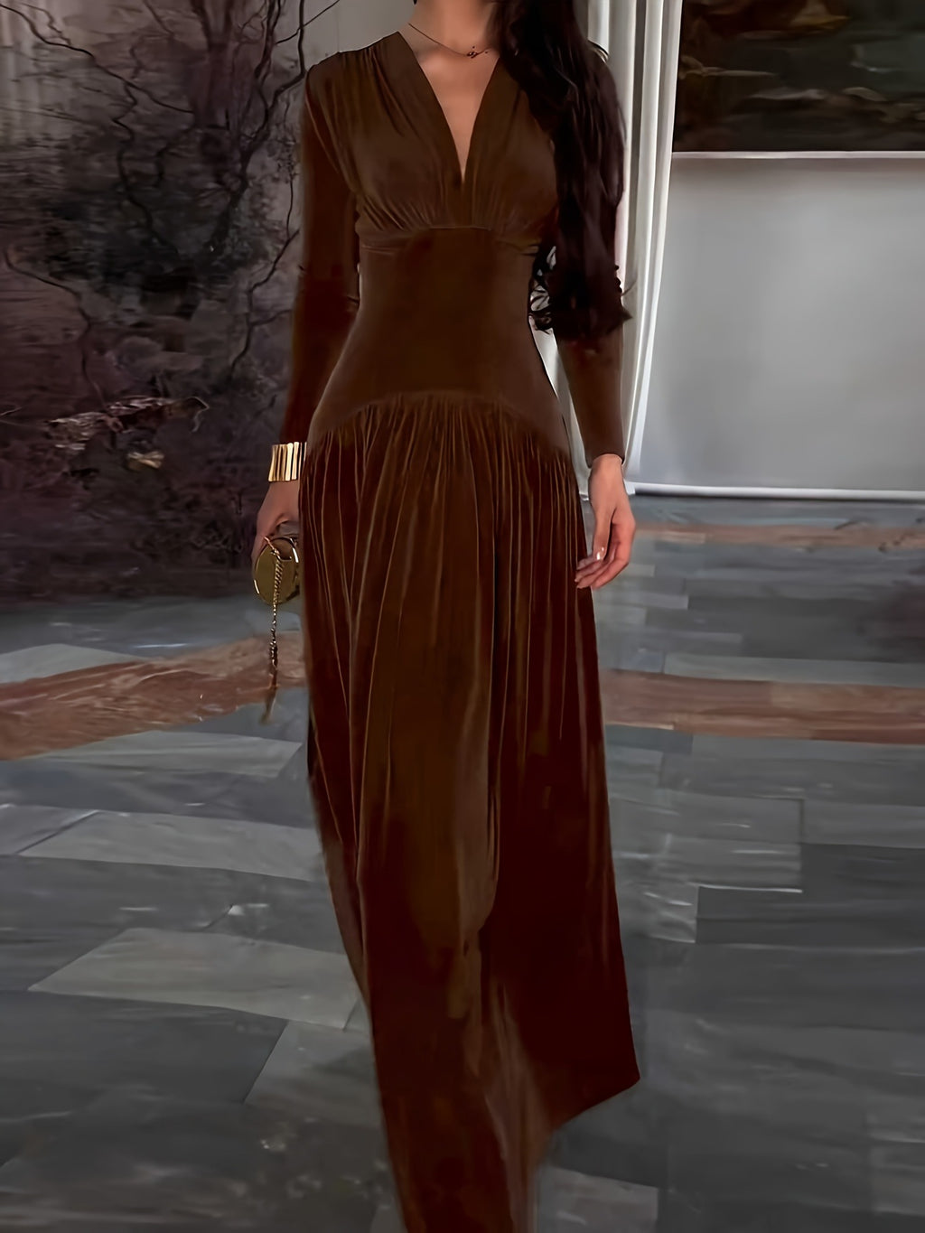 Elegantes V-Neck Plissee-Kleid für Herbst/Winter