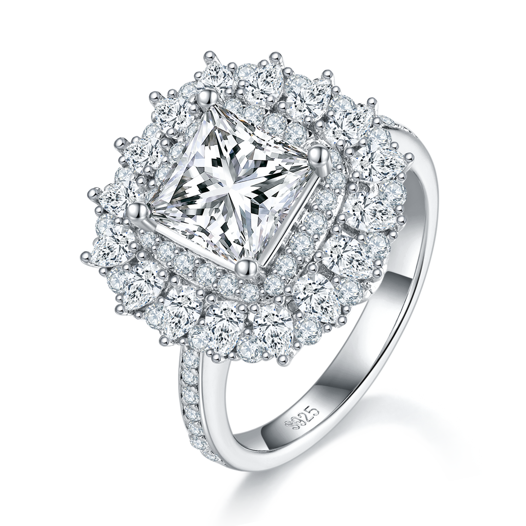 Moissanit Ring Prinzessschliff, 2ct, Platin Plattiert