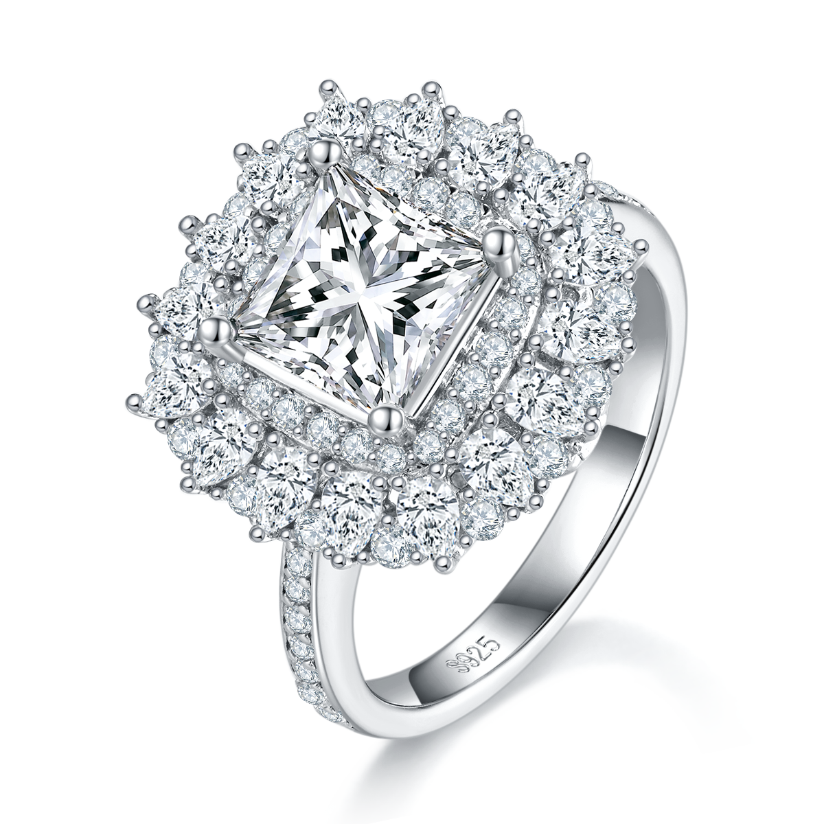Moissanit Ring Prinzessschliff, 2ct, Platin Plattiert