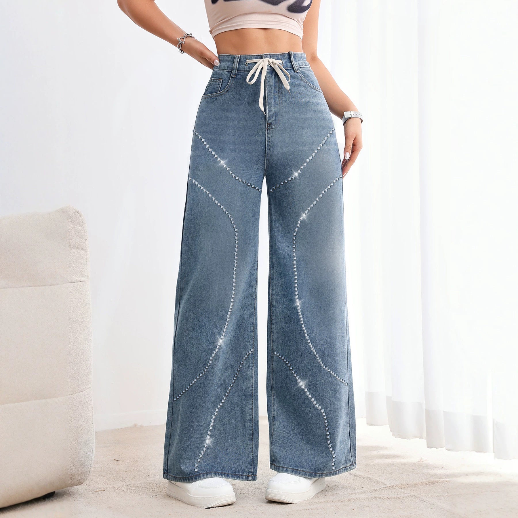 Amerikanisch Vintage Damen Denim Jeans mit Perlenstickerei
