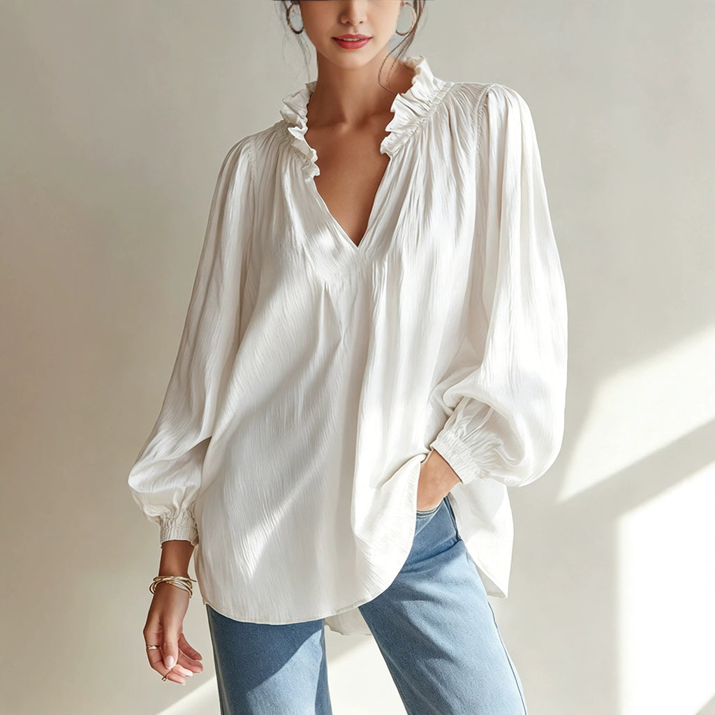 V-Neck Langarm-Top mit Ballonärmeln