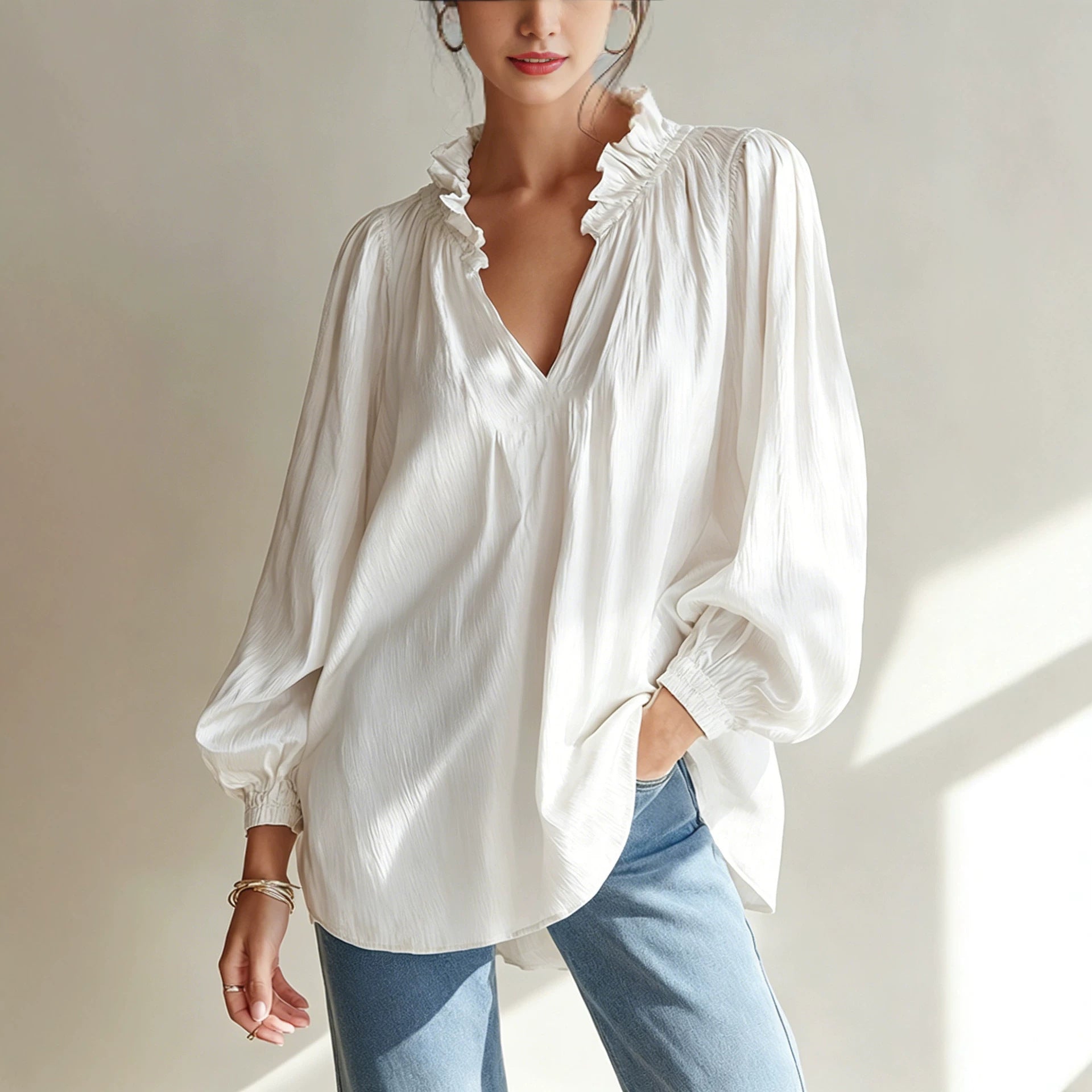 V-Neck Langarm-Top mit Ballonärmeln