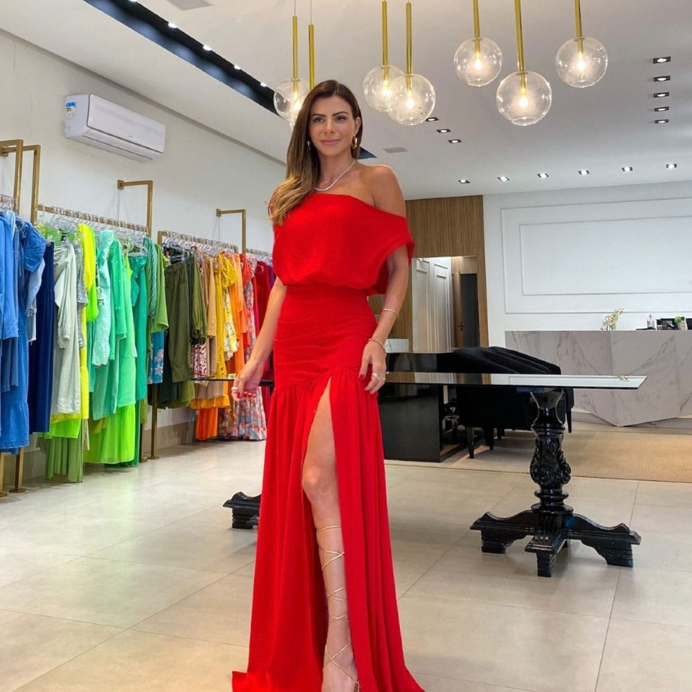 Off-Shoulder Maxi-Kleid mit Taillengürtel und Schlitz – Bild 5 | LuxeStyle
