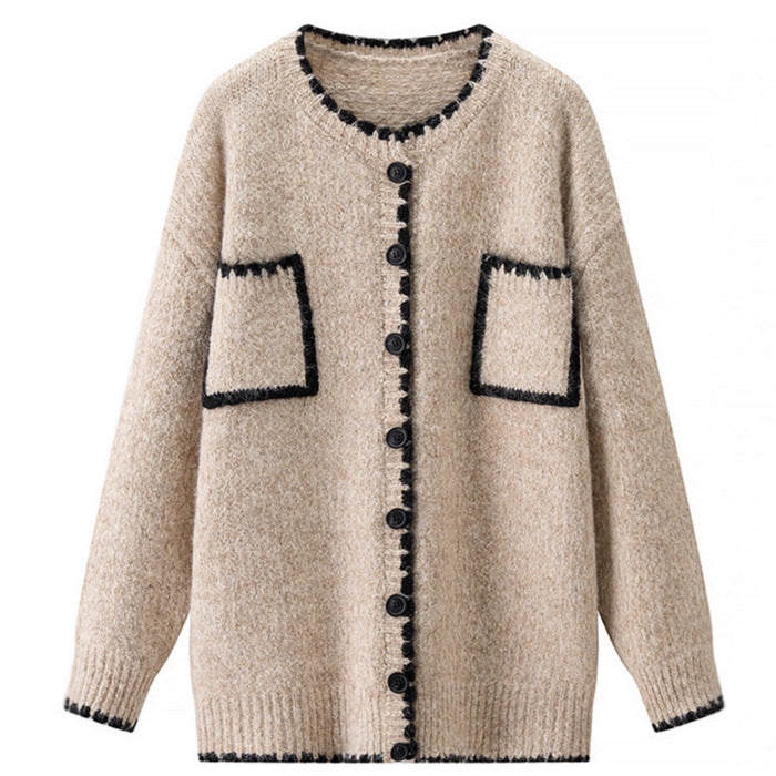 Retro Color-Block Cardigan mit Taschen