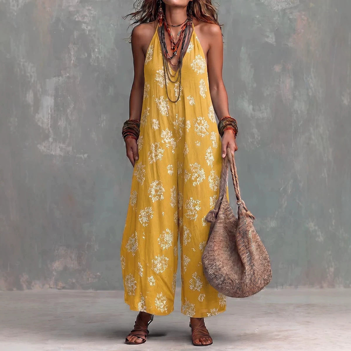 Ärmelloser Jumpsuit mit V-Ausschnitt und Print