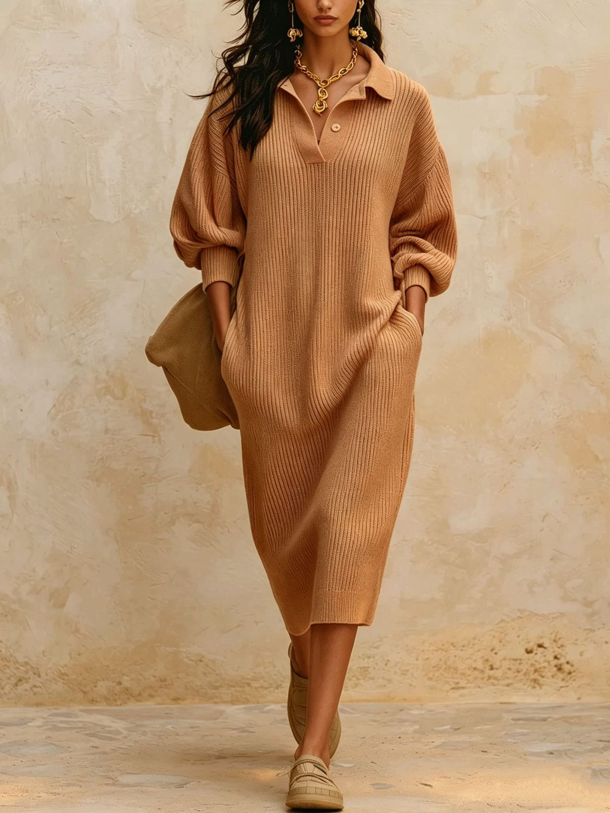 Pullover-Kleid mit V-Ausschnitt und Puffärmel | LuxeStyle