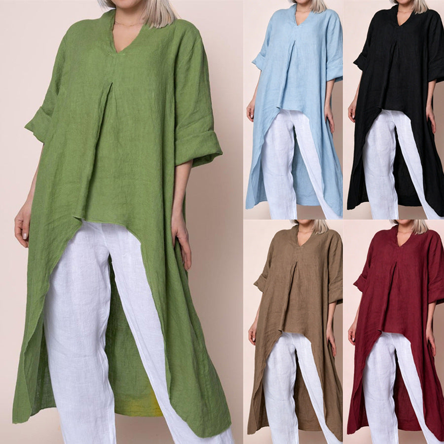 V-Ausschnitt Langarmshirt mit asymmetrischem Saum