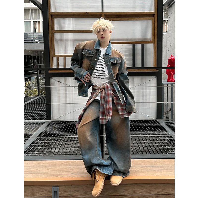 Retro Distressed Denim-Jacke mit Schulterpolstern