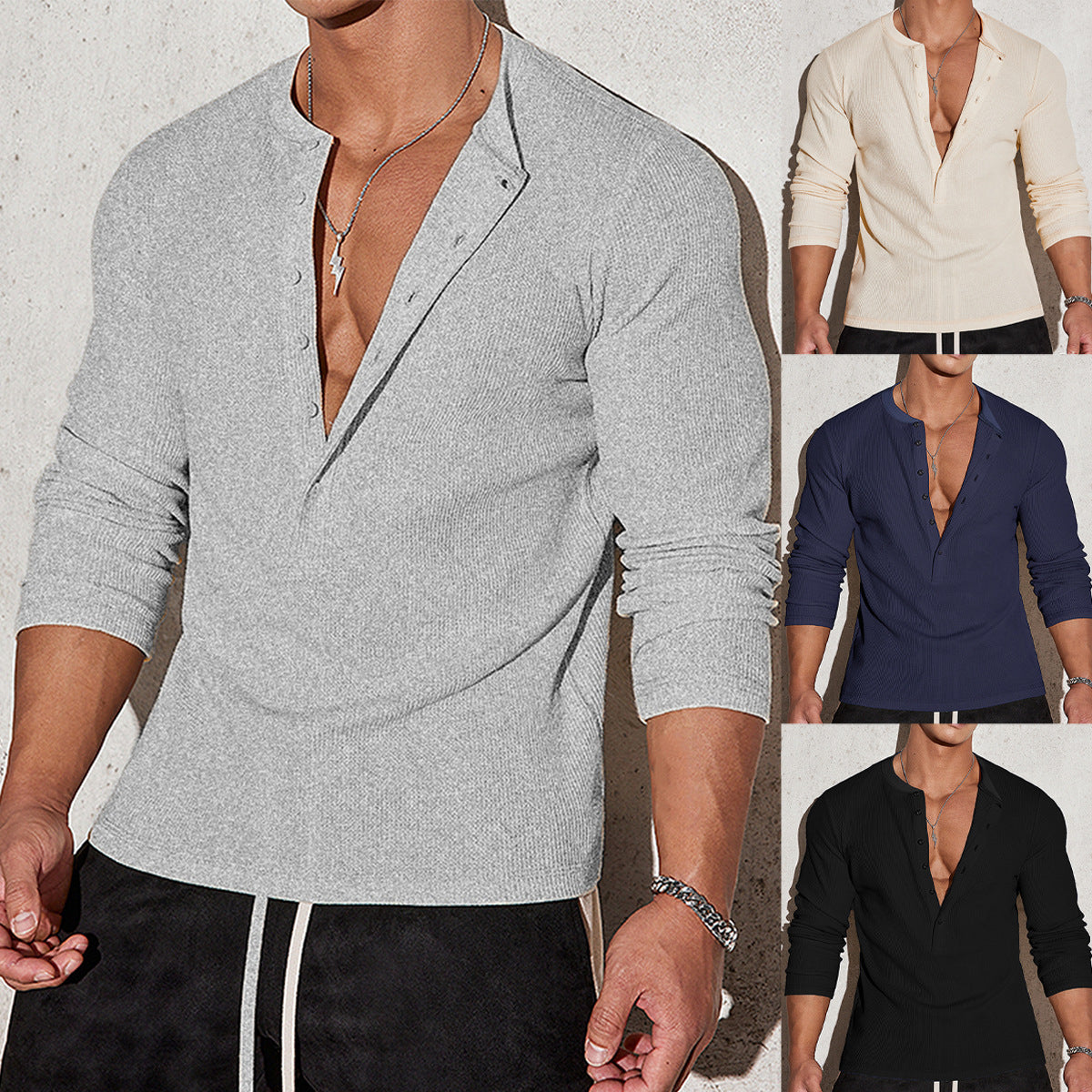 Stehkragen-Langarmshirt mit Streifen – Bild 4 | LuxeStyle