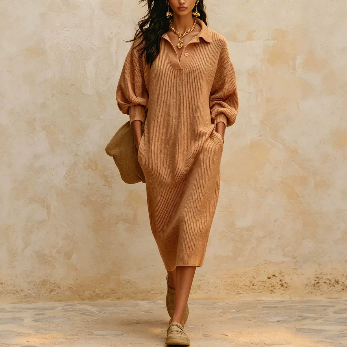 Pullover-Kleid mit V-Ausschnitt und Puffärmel – Bild 9 | LuxeStyle