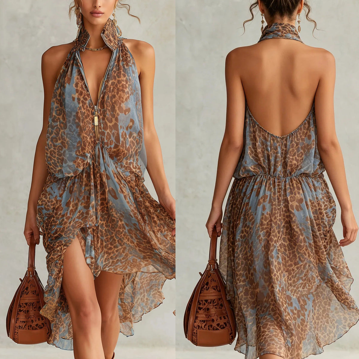 Chiffon-Kleid mit Tiermuster und Stehkragen – Bild 2 | LuxeStyle