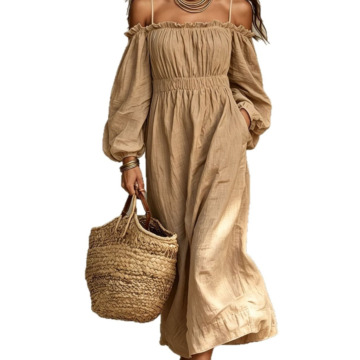 Damen Off-Shoulder Langarm Weit Schnittkleid