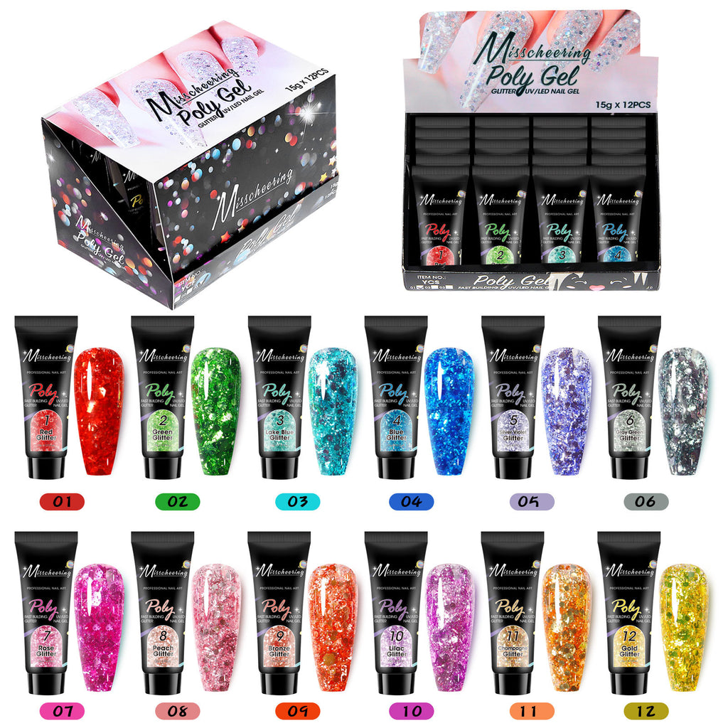 12 Farben Pailletten Nagelverlängerungs-Set