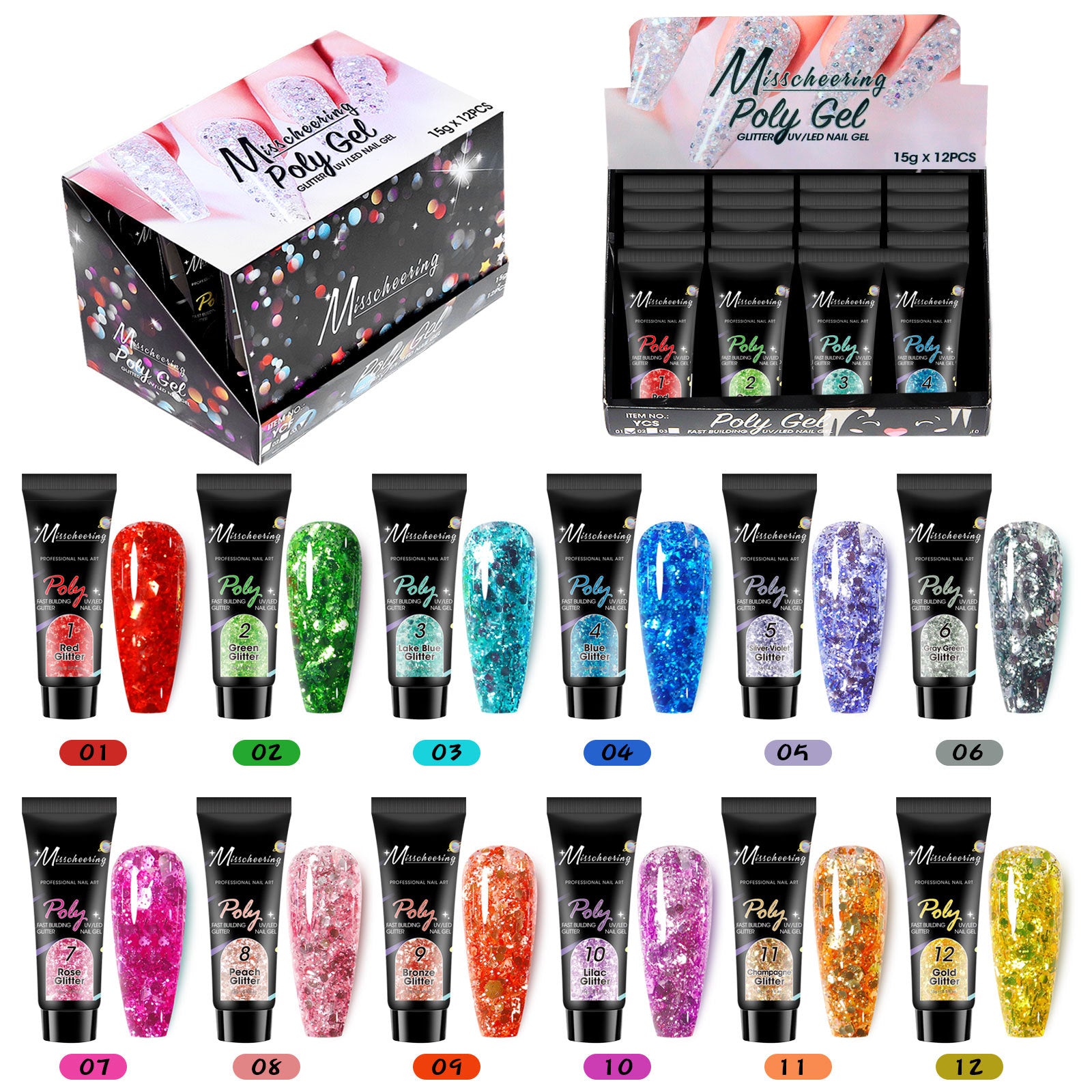 12 Farben Pailletten Nagelverlängerungs-Set