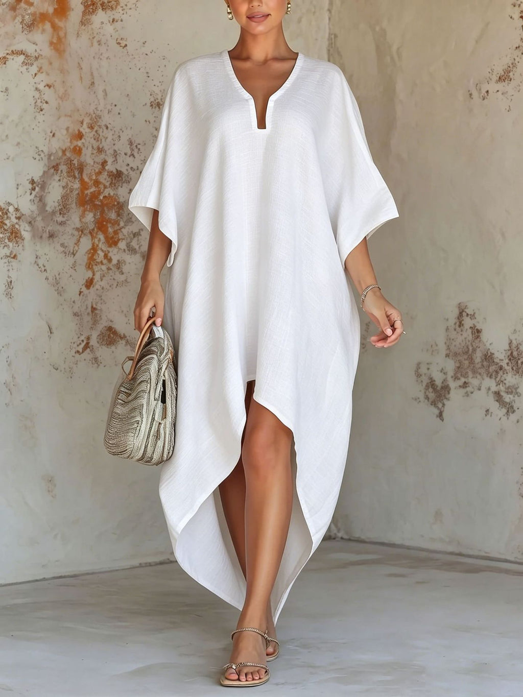 V-Ausschnitt Freizeitkleid Unifarben