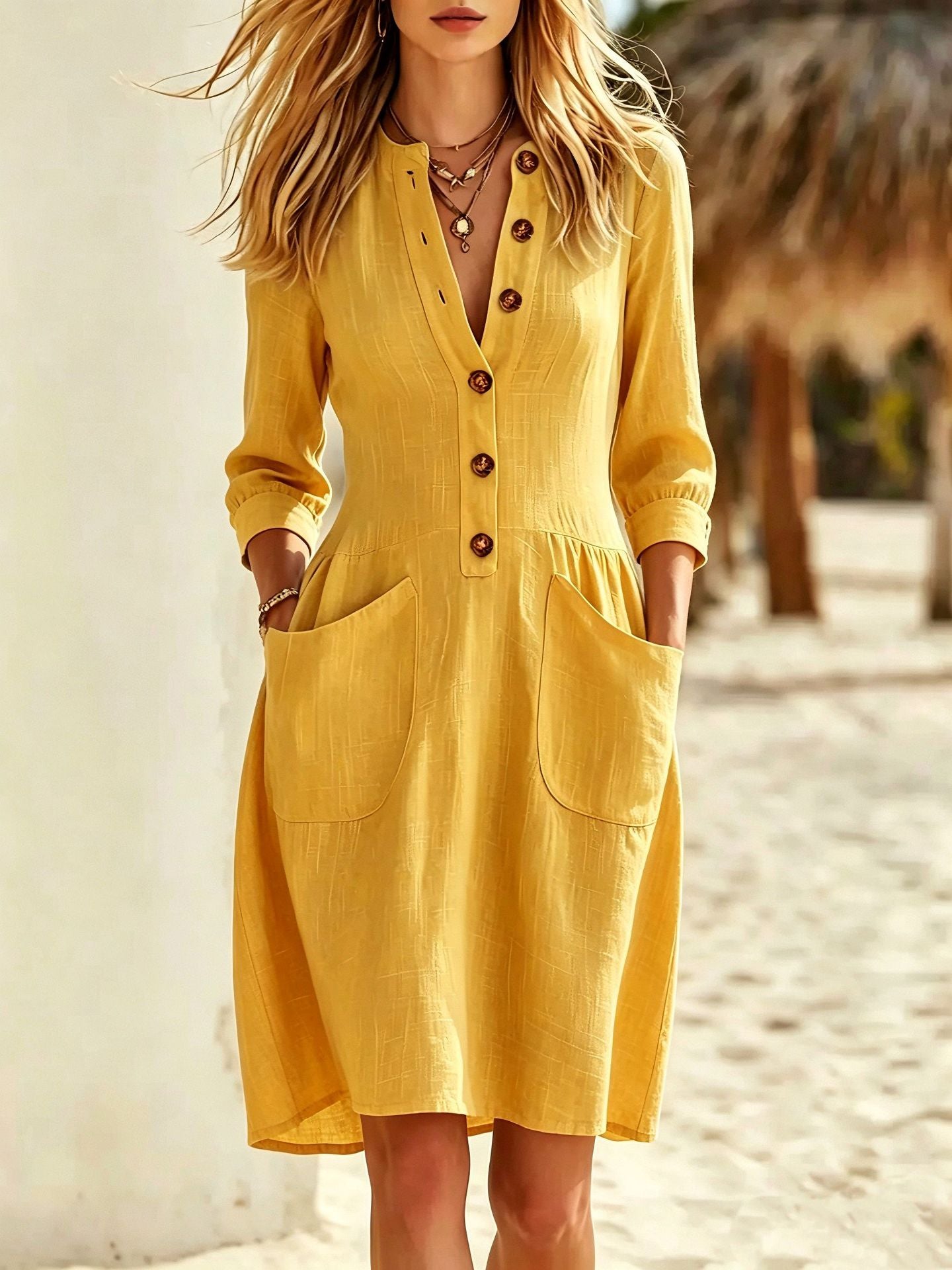 V-Ausschnitt Freizeitkleid mit 3/4-Ärmeln & Taschen