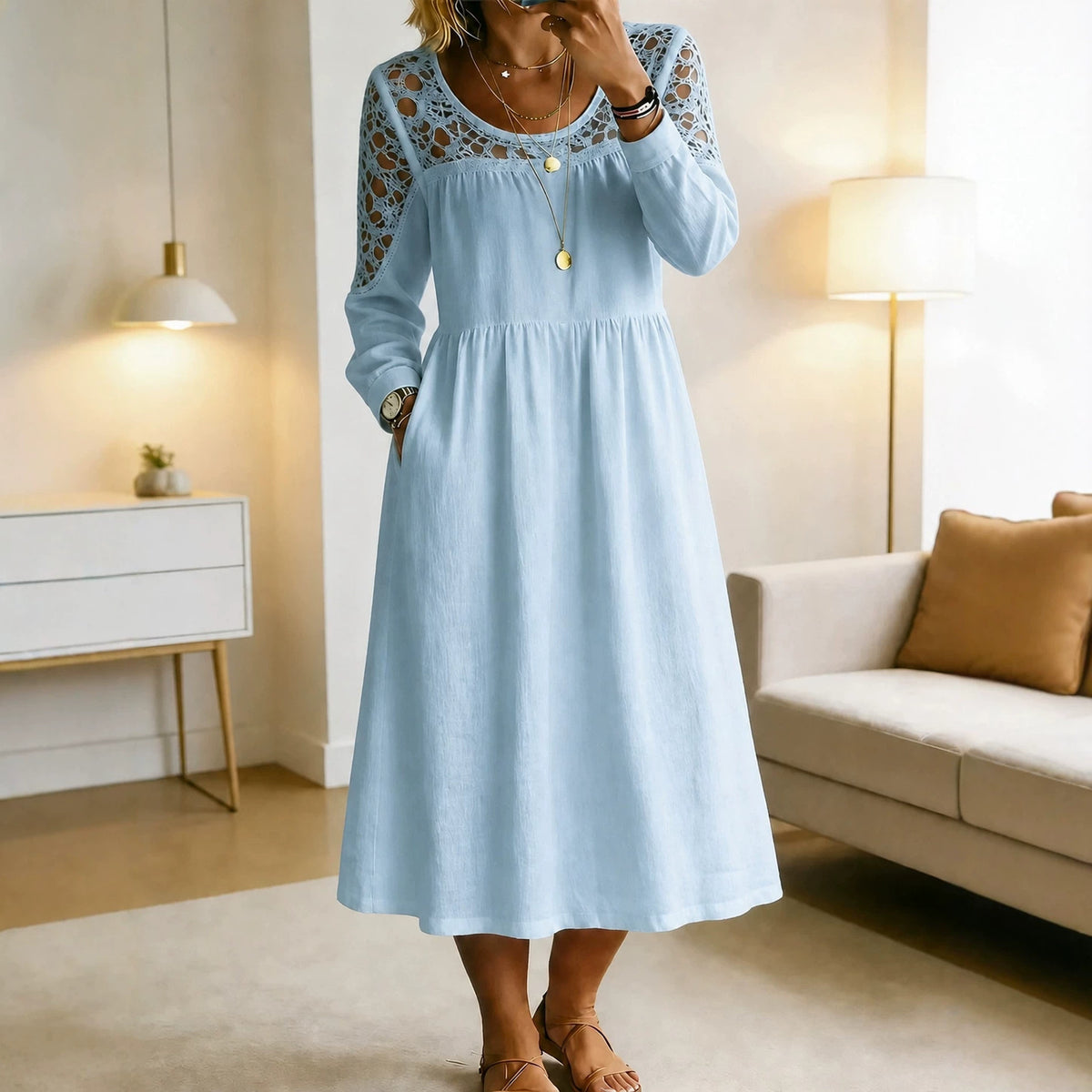 Besticktes A-Linien Midikleid aus Leinenmix – Bild 6 | LuxeStyle
