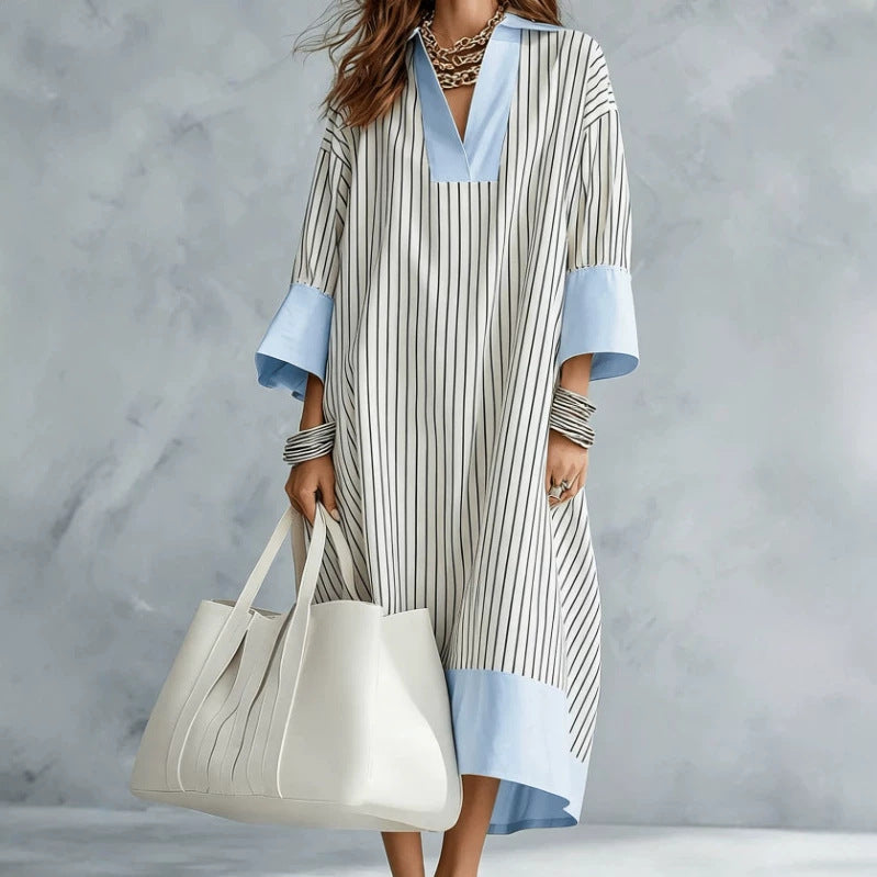 Gestreiftes A-Linien Kleid mit V-Ausschnitt – Bild 4 | LuxeStyle