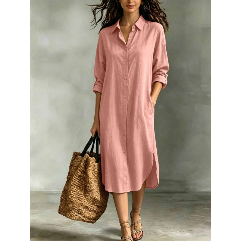 Leinen-Baumwoll Hemdblusenkleid mit Taschen – Bild 2 | LuxeStyle