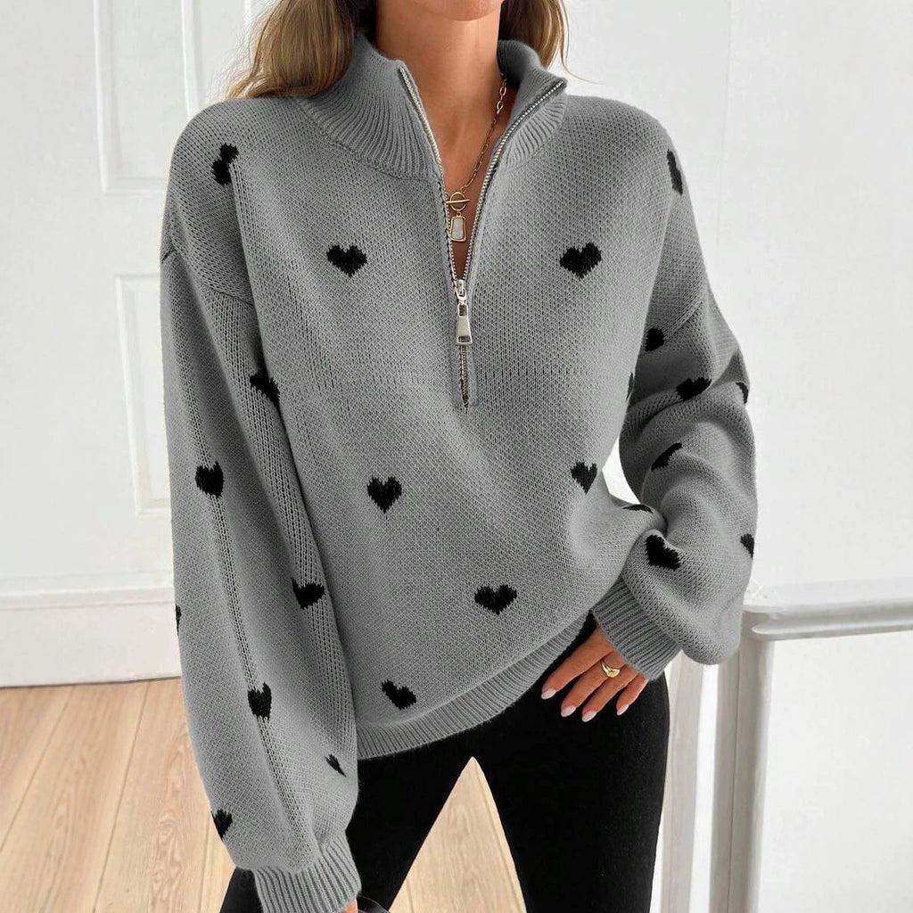 Damen Strickpullover mit Herzmuster-Reissverschluss