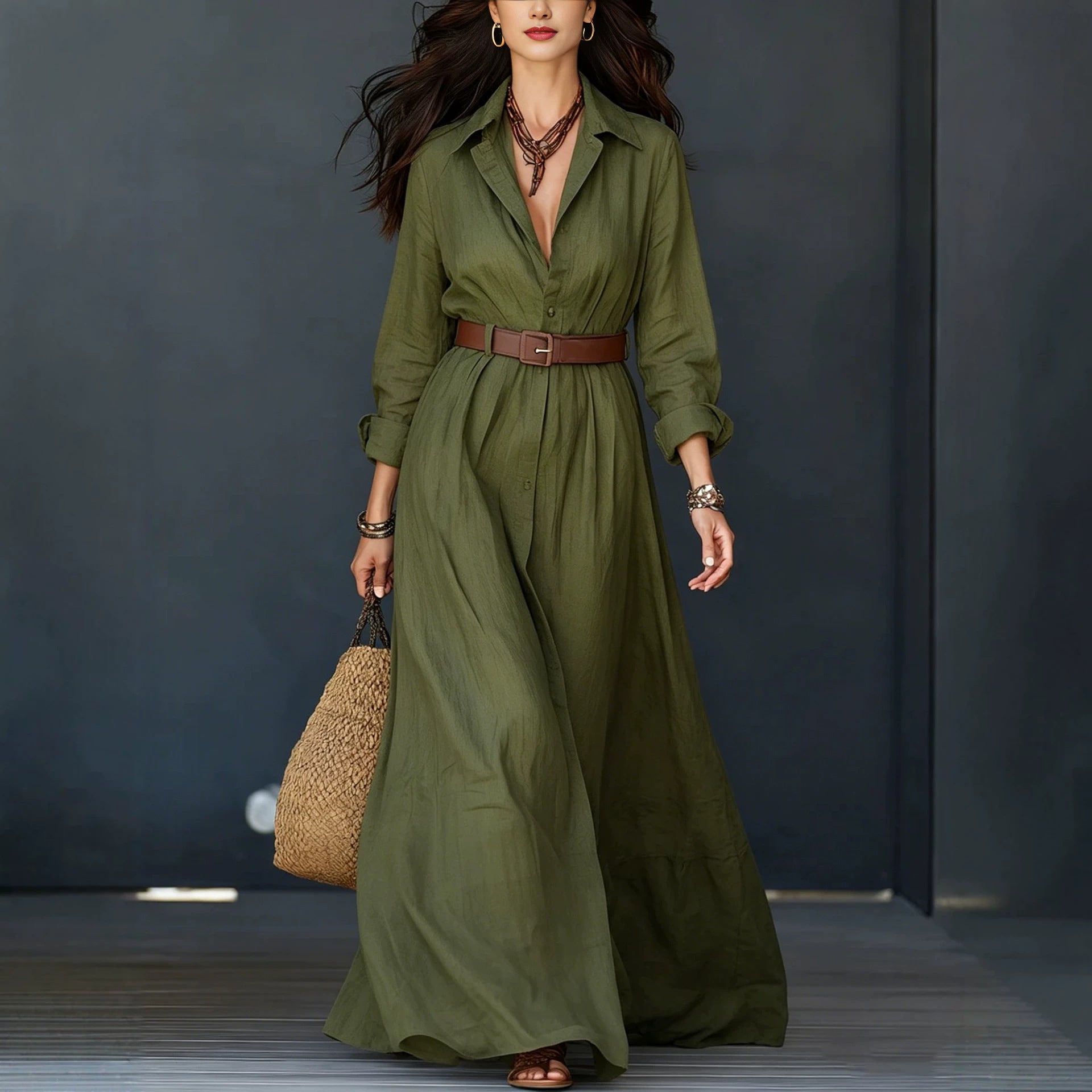 Langarm-Kleid mit Taillengürtel, elegant, lang, für Urlaub