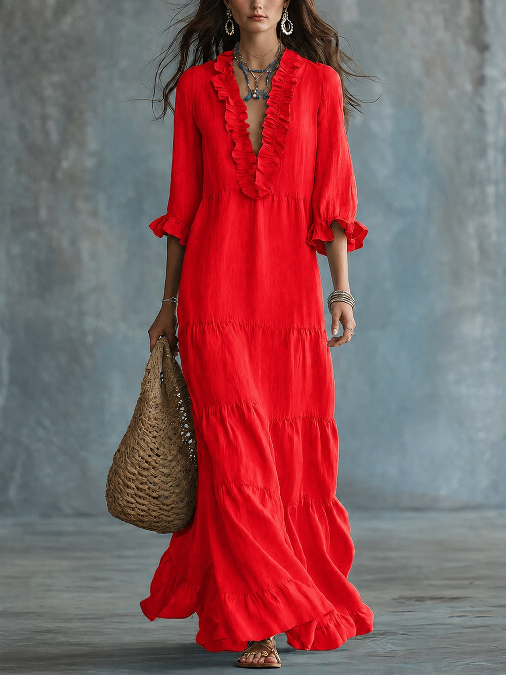 V-Ausschnitt Maxi-Kleid mit Rüschensaum – Bild 7 | LuxeStyle