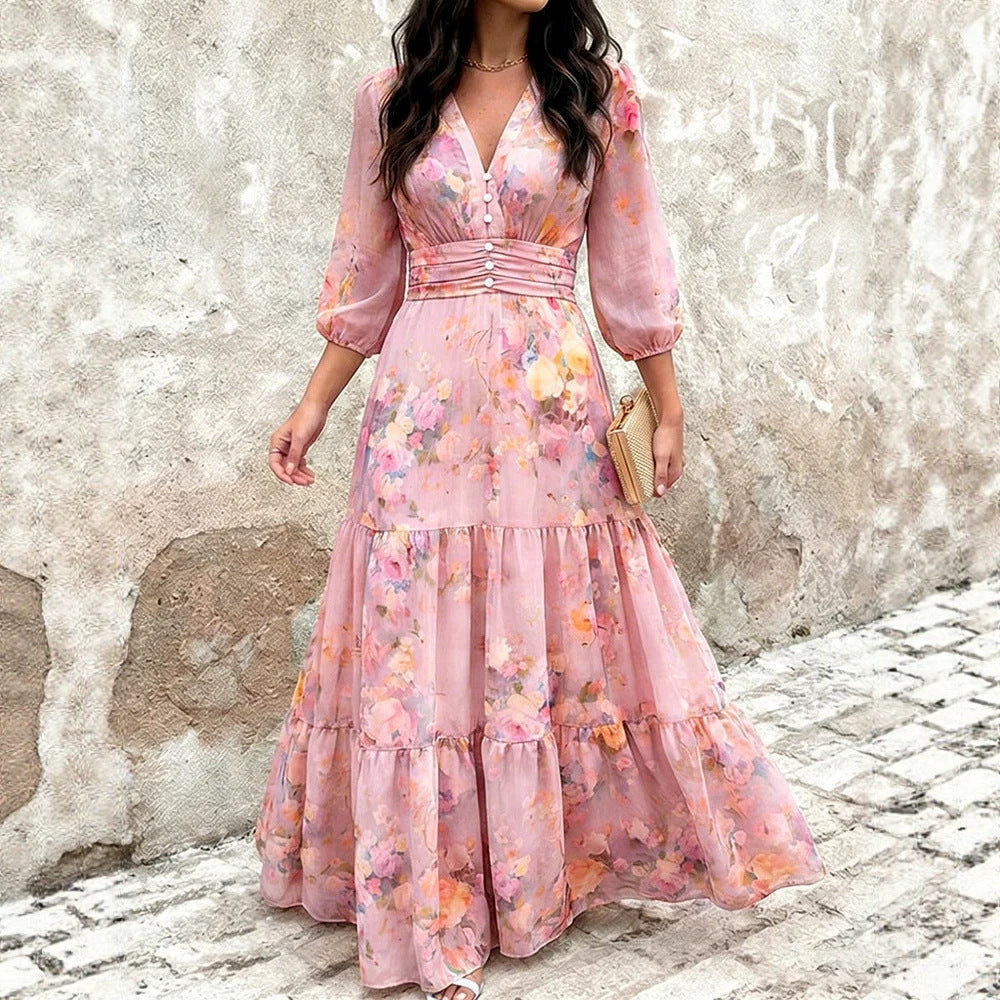 Chiffonkleid mit Volants und Taillengürtel