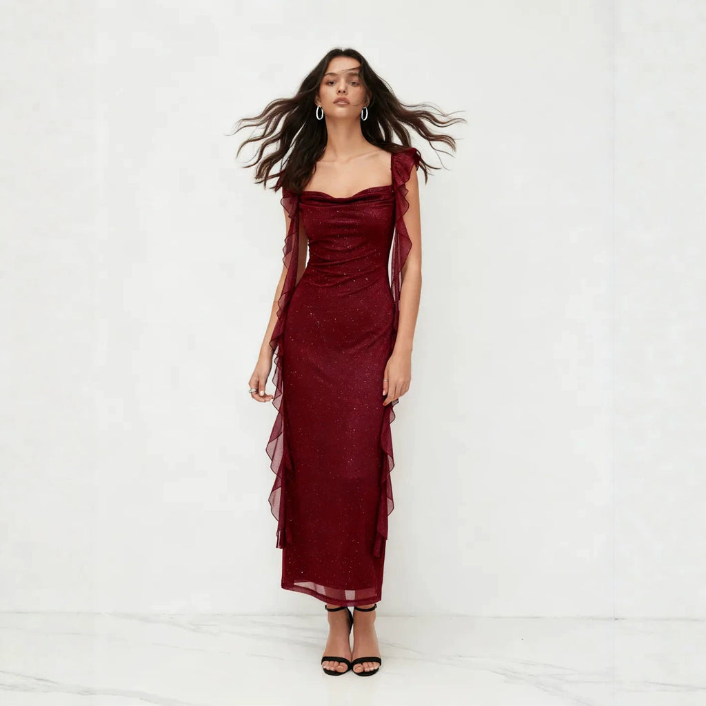 Pailletten Mesh Maxikleid mit Rüschen