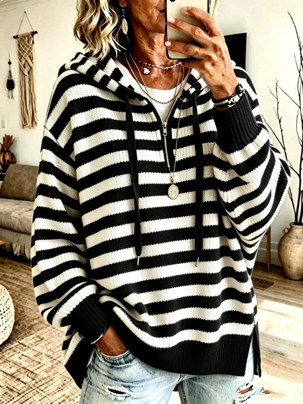 Gestreifter Half-Zip Pullover mit Stehkragen