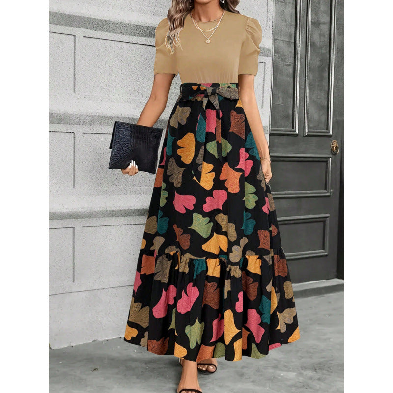 Langes bedrucktes Kleid mit Rundhalsausschnitt | LuxeStyle
