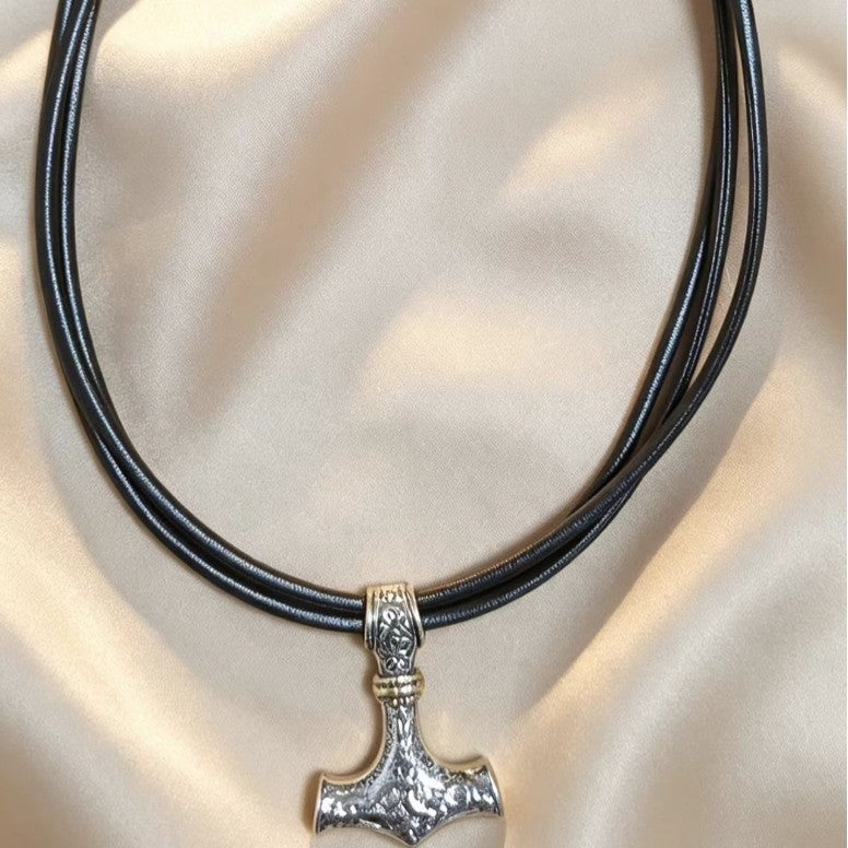 Vintage Nordischer Thors Hammer Anhänger Lederseil Kette