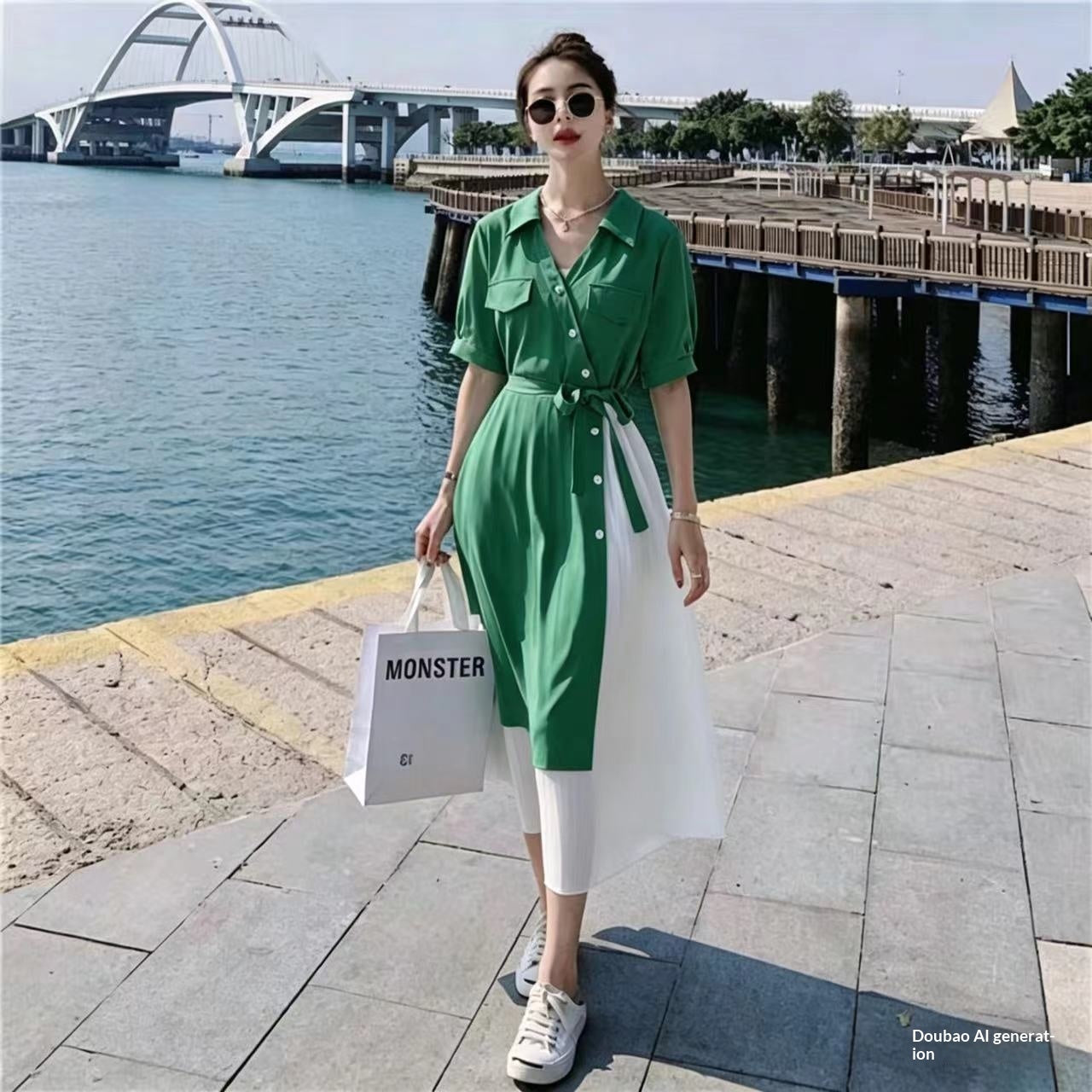 Midikleid «Bluette» – Fake-2-Teiler mit V-Ausschnitt