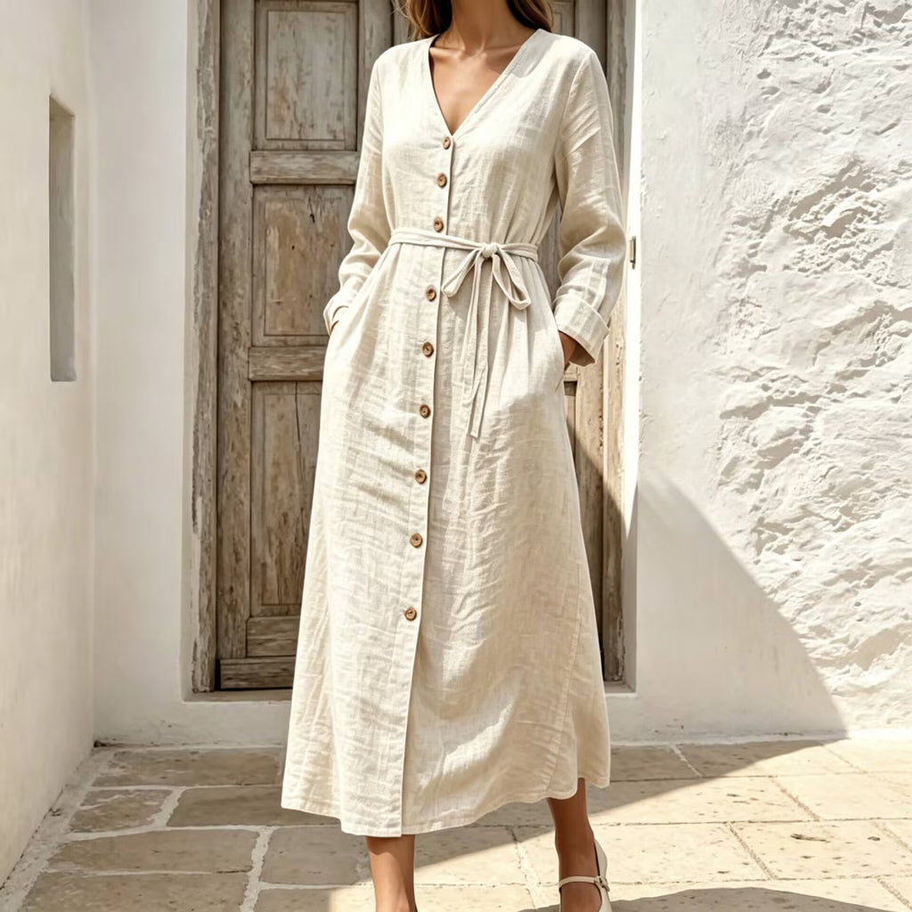 Baumwoll-Leinen V-Ausschnitt Kleid – Bild 11 | LuxeStyle