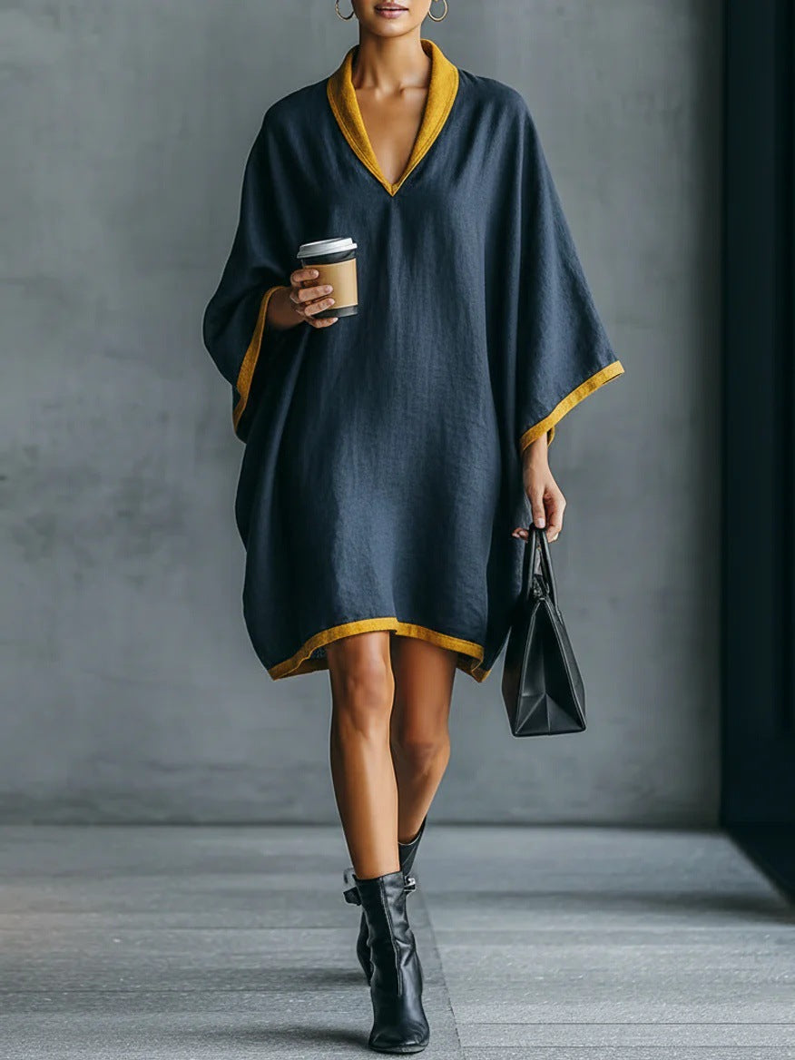 Leinen-Mix V-Ausschnitt Kleid mit Fledermausärmeln – Bild 10 | LuxeStyle