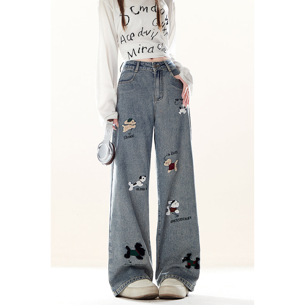 Rustikale Bestickte Denim Jeans mit Hundemotiv