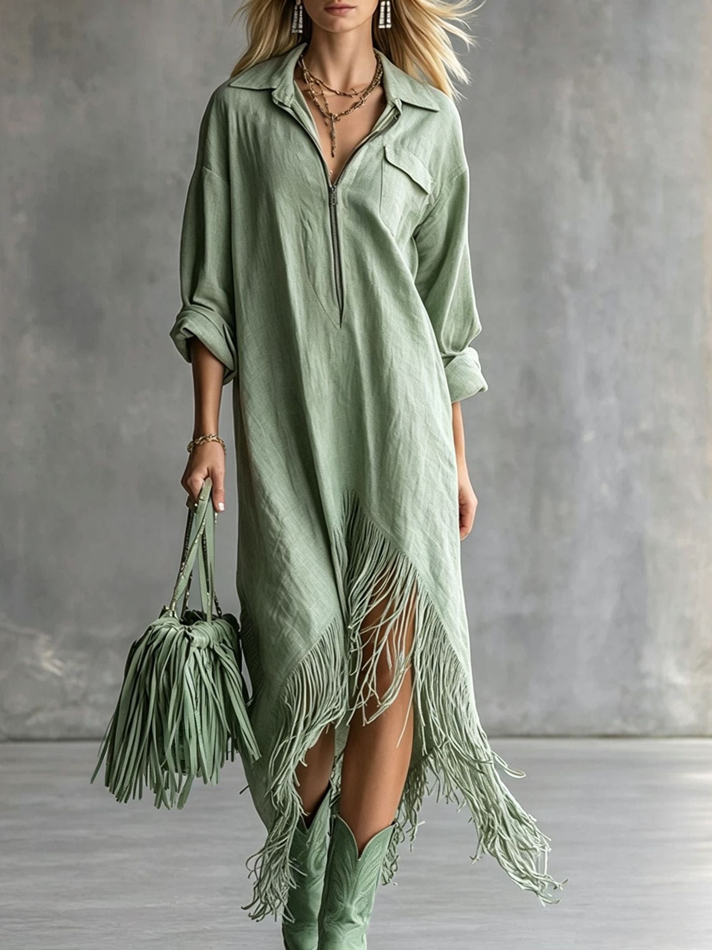 Retro-Fransenkleid mit langen Ärmeln