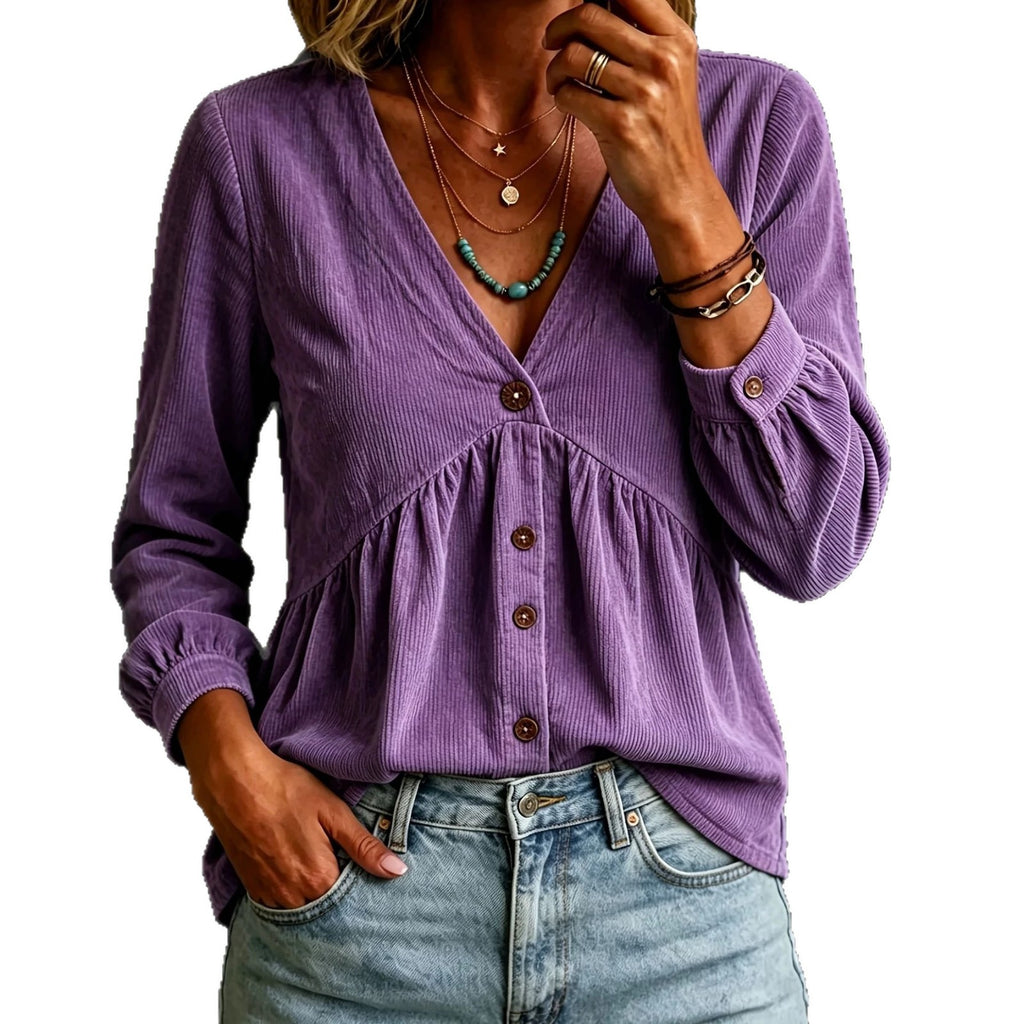 Corduroy V-neck Button-down Shirt