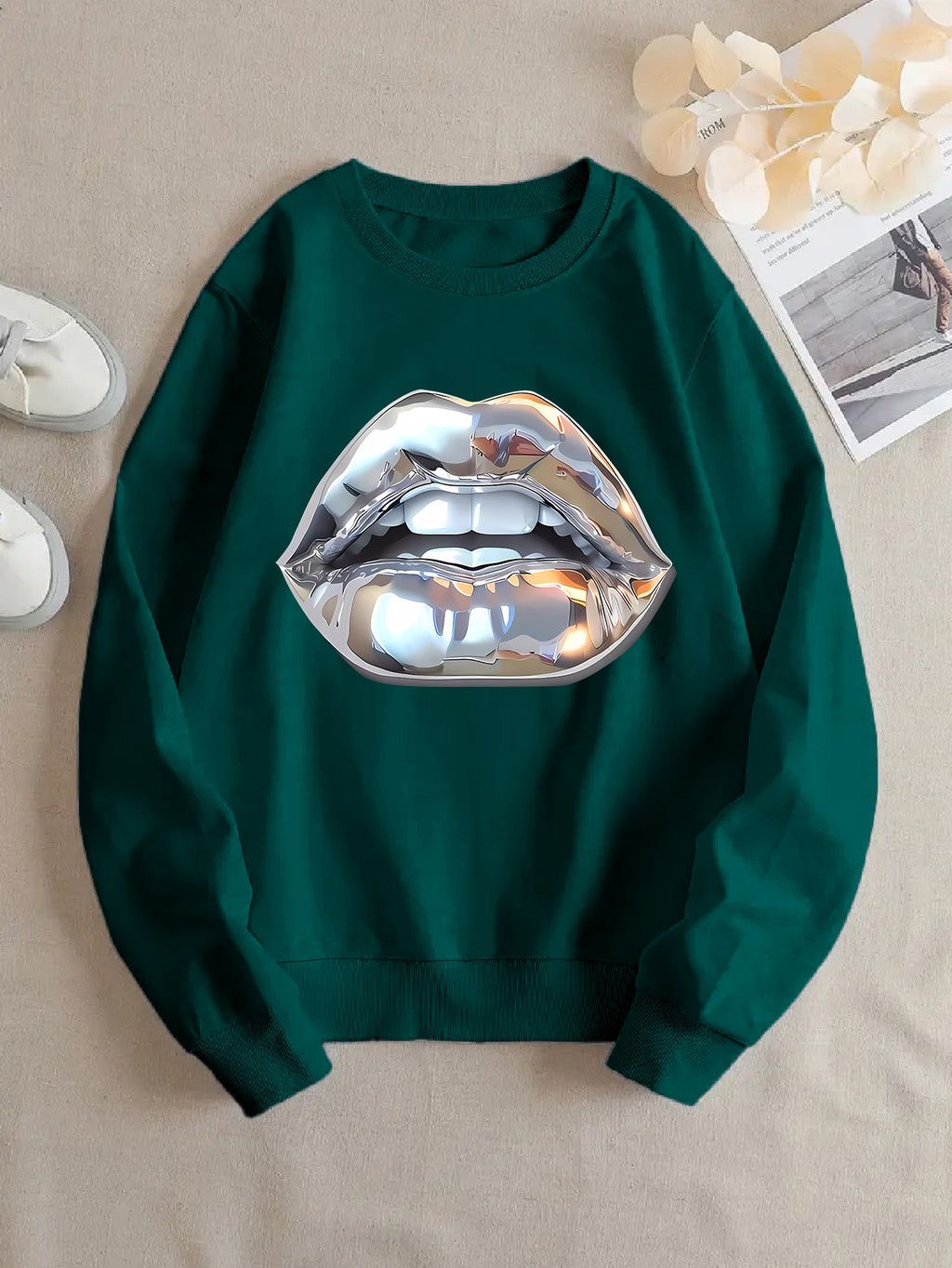 Cartoon Sweatshirt mit Lippen-Print für Damen