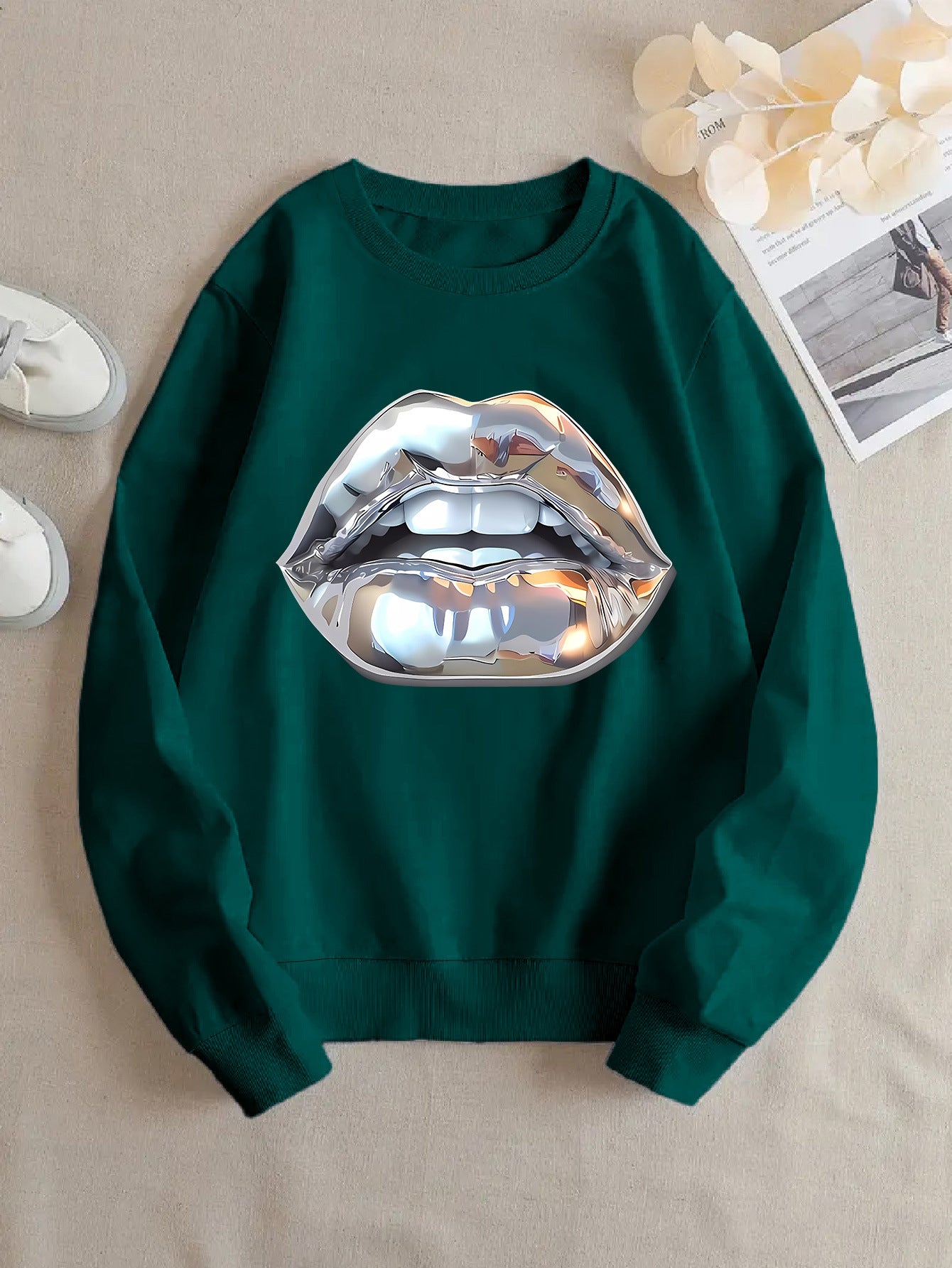 Cartoon Sweatshirt mit Lippen-Print für Damen