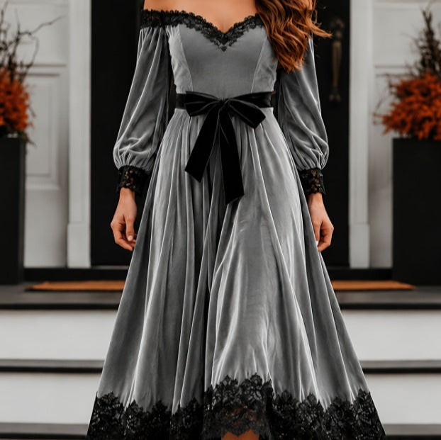 Samt-Maxikleid mit Spitze und langen Ärmeln – Bild 3 | LuxeStyle