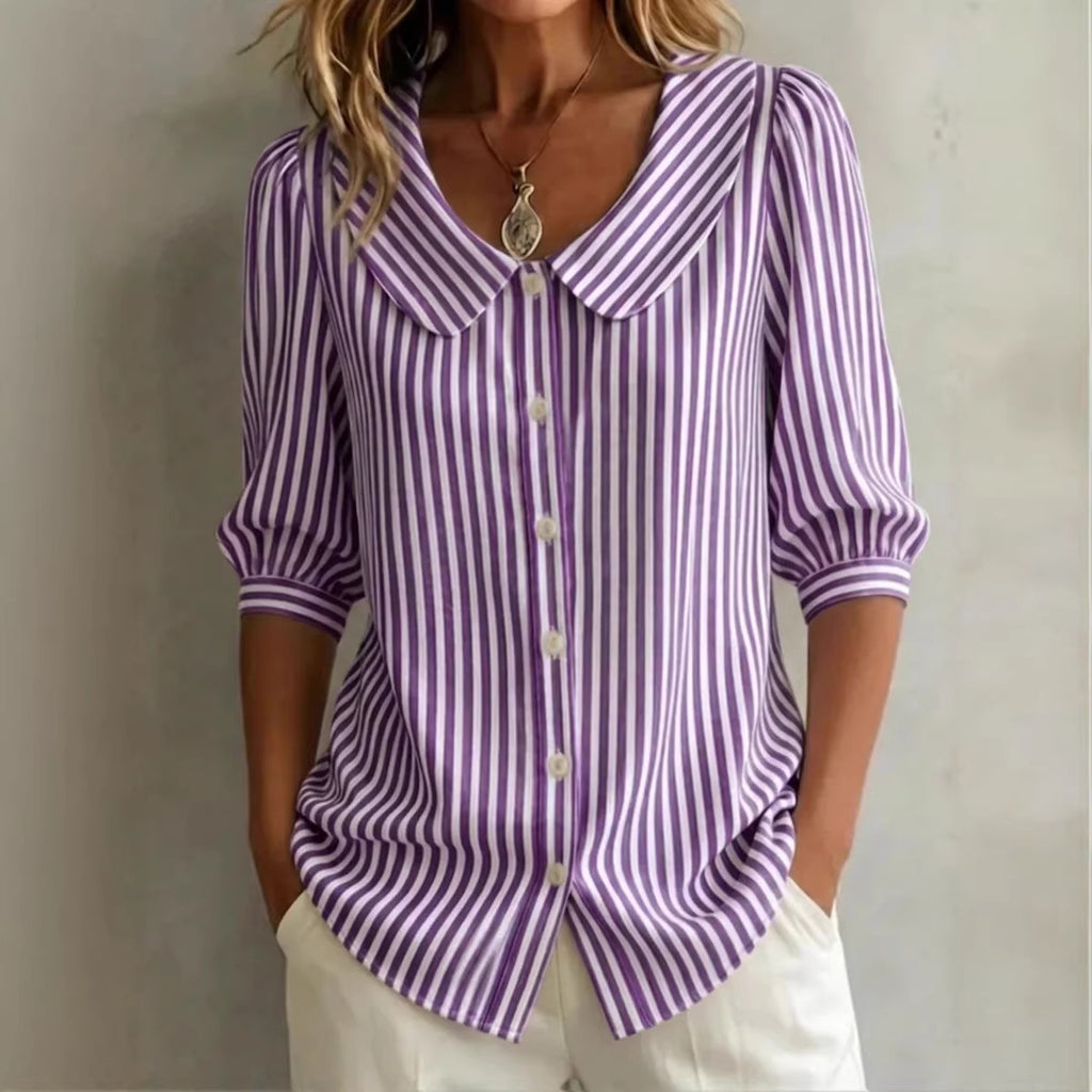Gestreifte V-Neck Bluse mit Laternenärmeln